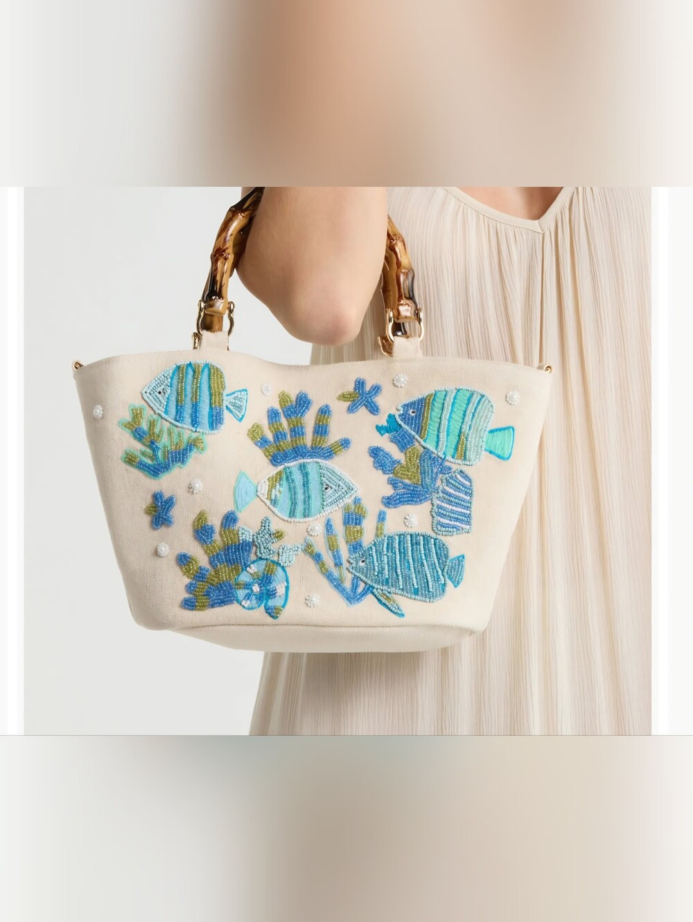 SOLE AND MER Beaded Embroidered Tote Bag with Shoulder Strap Fish Ocean NWT - Picture 11 of 11